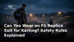 Go-kart on track at dusk with driver in racing gear — karting safety